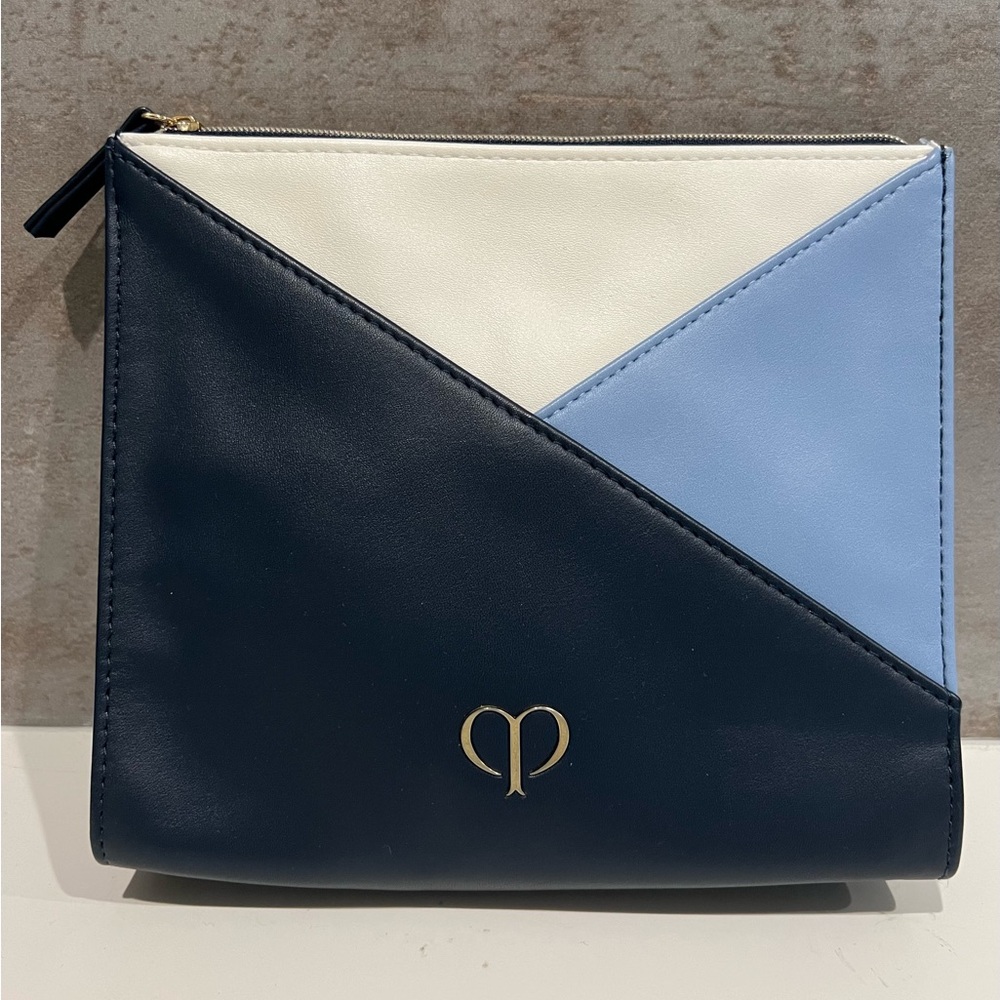 Cle De Peau Beauty Bag In Blue & White (New) Leather & Zip Closure